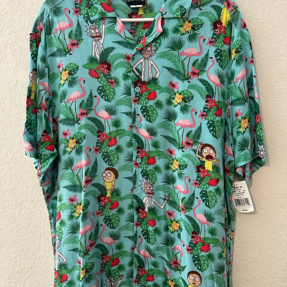 Rick & Morty Hawaiian Print Short Sleeve Button Down Shirt - L